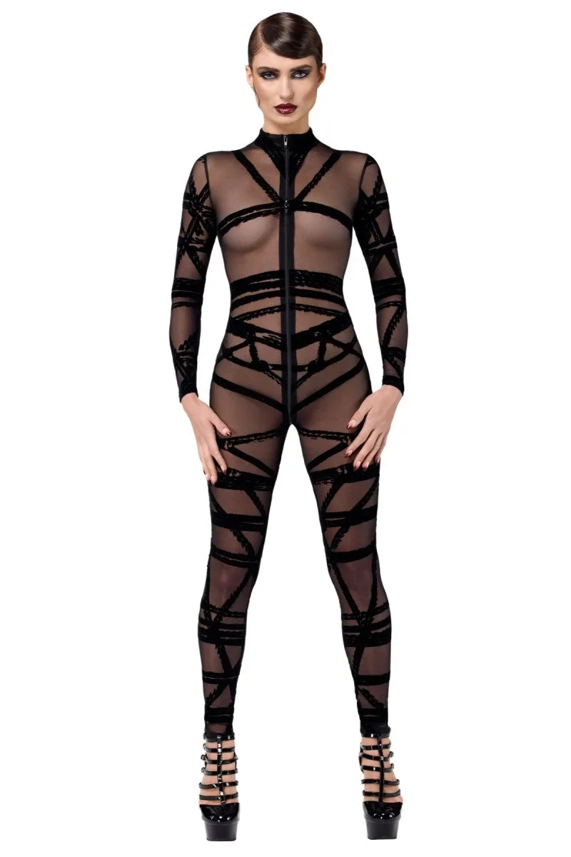 NOIR HANDMADE – F357 Bondesque Catsuit aus beflocktem Tüll