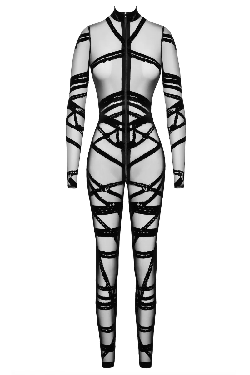 NOIR HANDMADE – F357 Bondesque Catsuit aus beflocktem Tüll