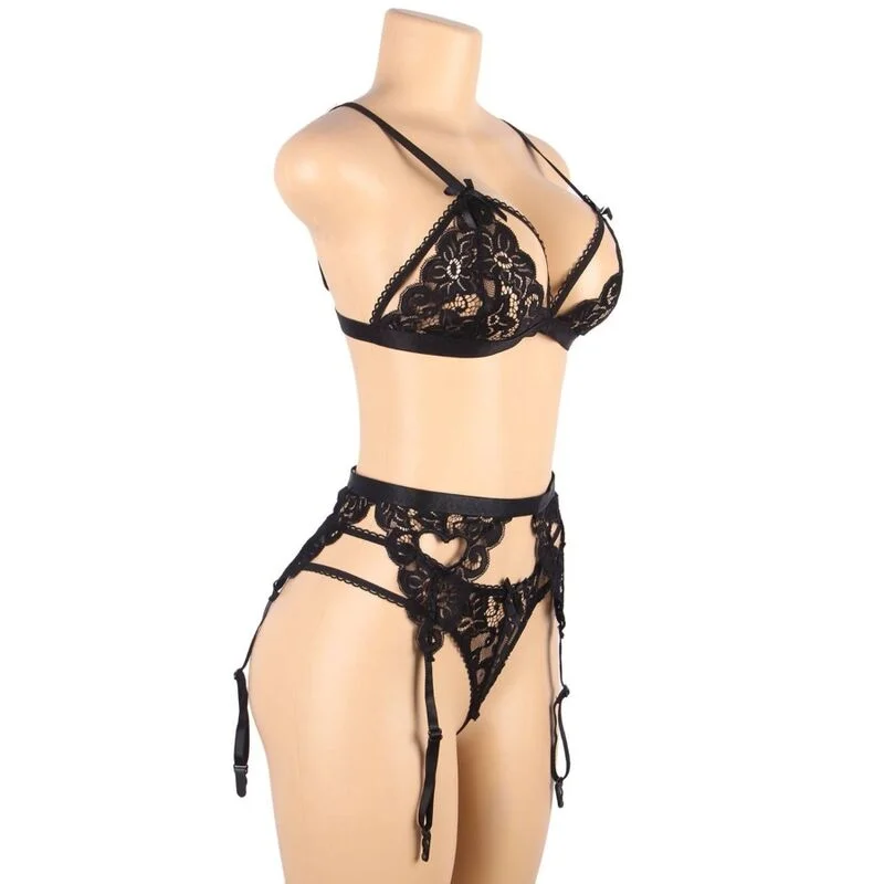 Dreiteiliges Set BH + Strumpfgürtel + String Schwarz