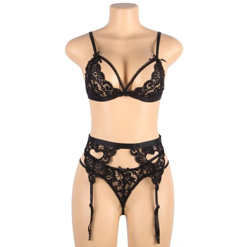 Dreiteiliges Set BH + Strumpfgürtel + String Schwarz