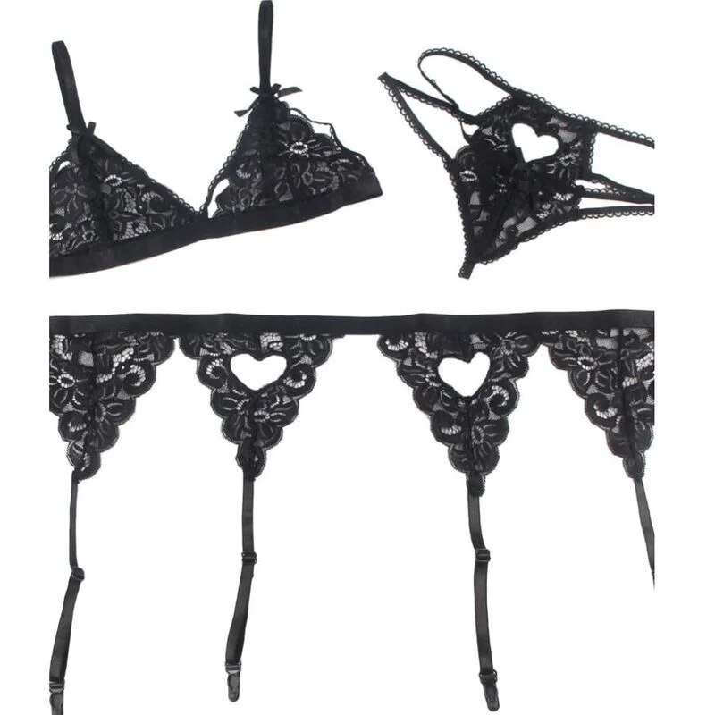Dreiteiliges Set BH + Strumpfgürtel + String Schwarz