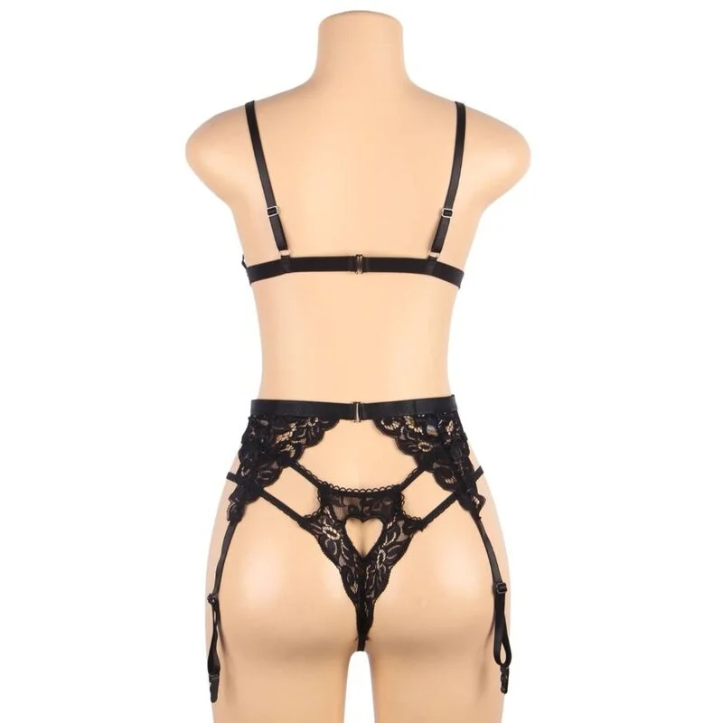 Dreiteiliges Set BH + Strumpfgürtel + String Schwarz