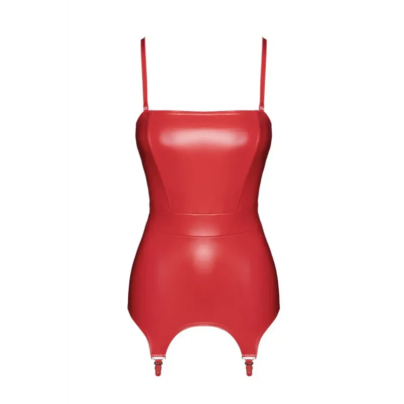 Bombshell - Rotes Powerwetlook-Kleid mit Korsett mit Strumpfhalter