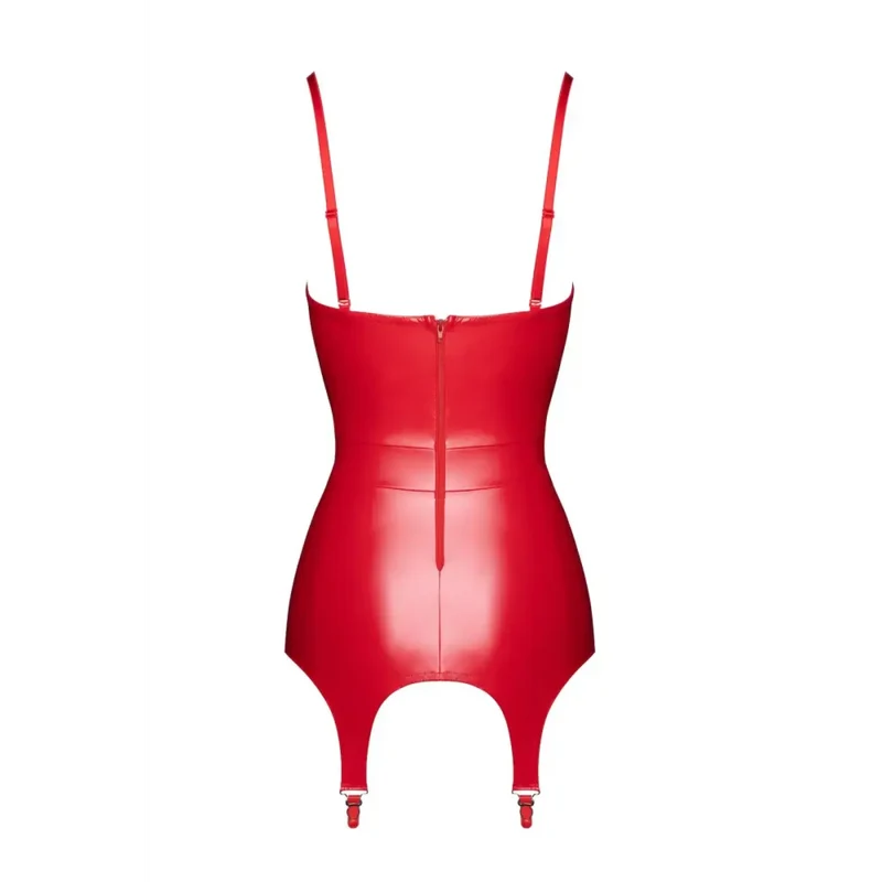 Bombshell - Rotes Powerwetlook-Kleid mit Korsett mit Strumpfhalter