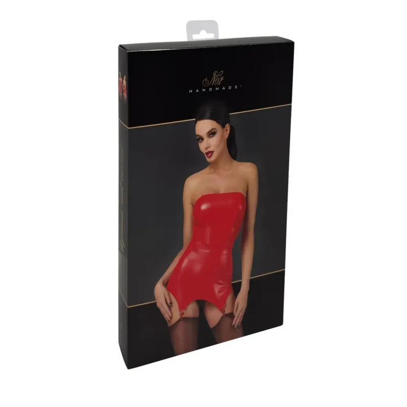 Bombshell - Rotes Powerwetlook-Kleid mit Korsett mit Strumpfhalter