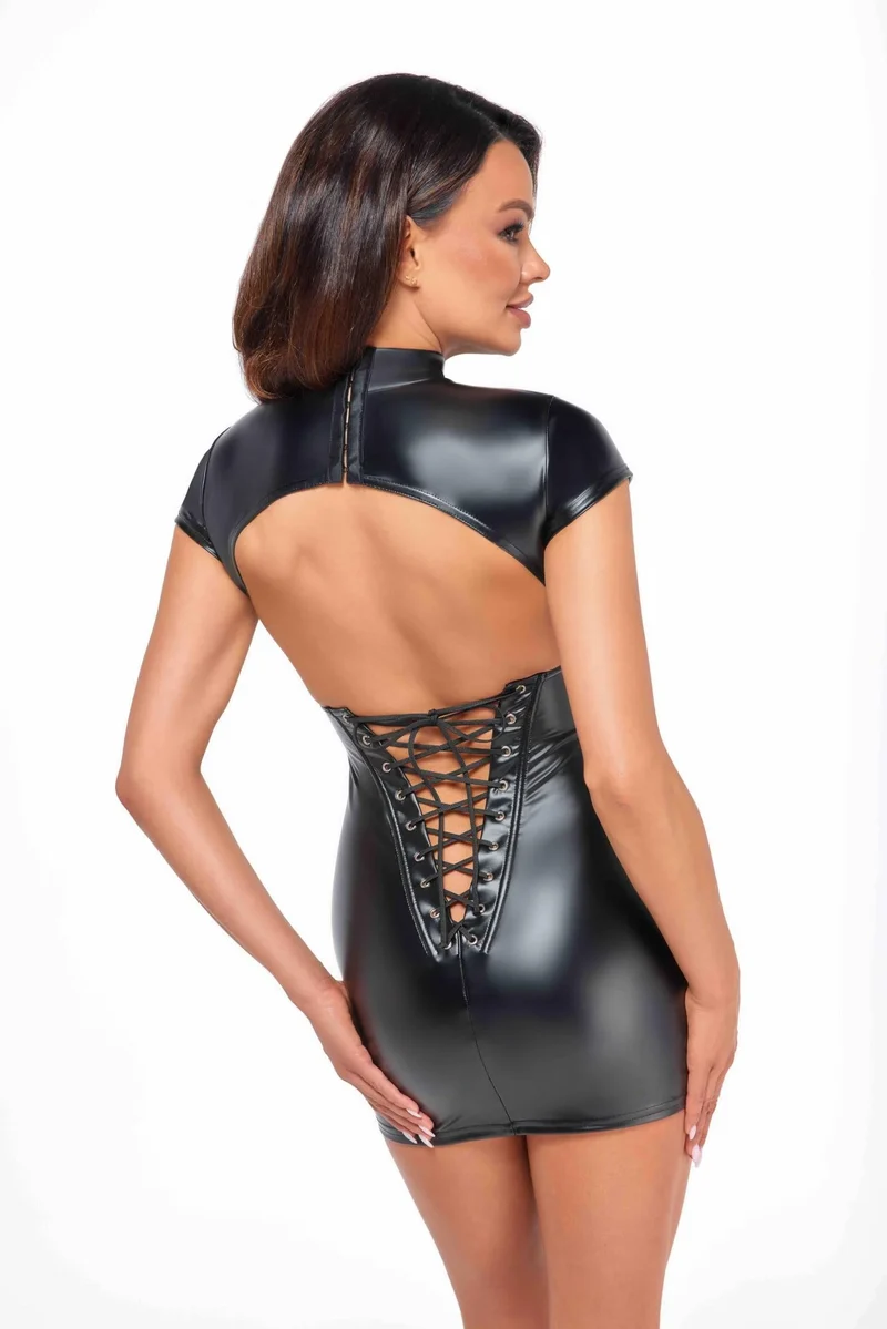 NOIR HANDMADE – F309 Rückenfreies Wetlook Minikleid mit Schnürung
