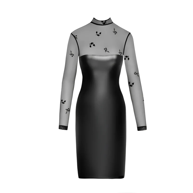 F310 halblanges Powerwetlook Kleid mit Tüll