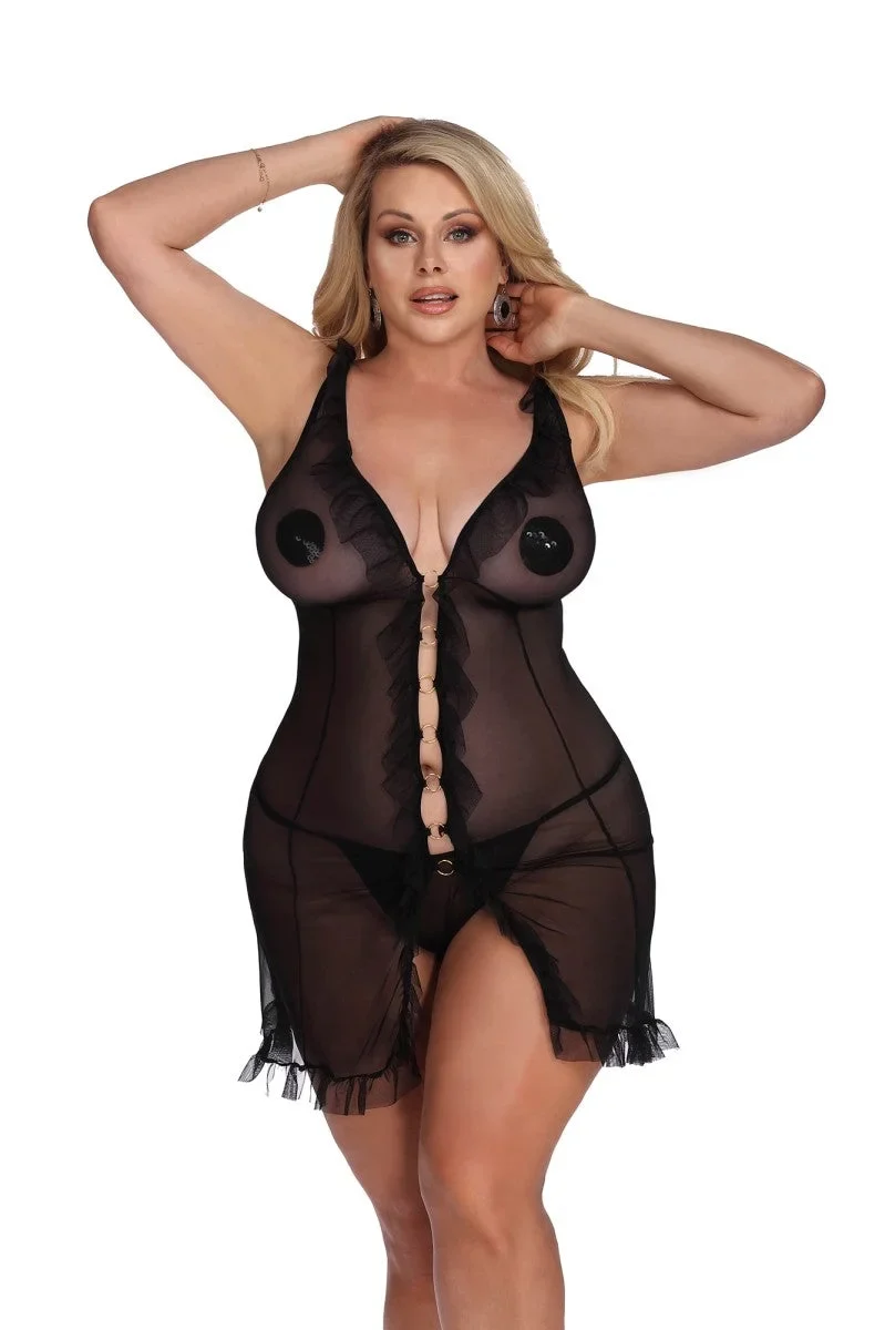 Anais Apparel Plus Size – Schwarzes Negligee aus Netz mit Metallelementen