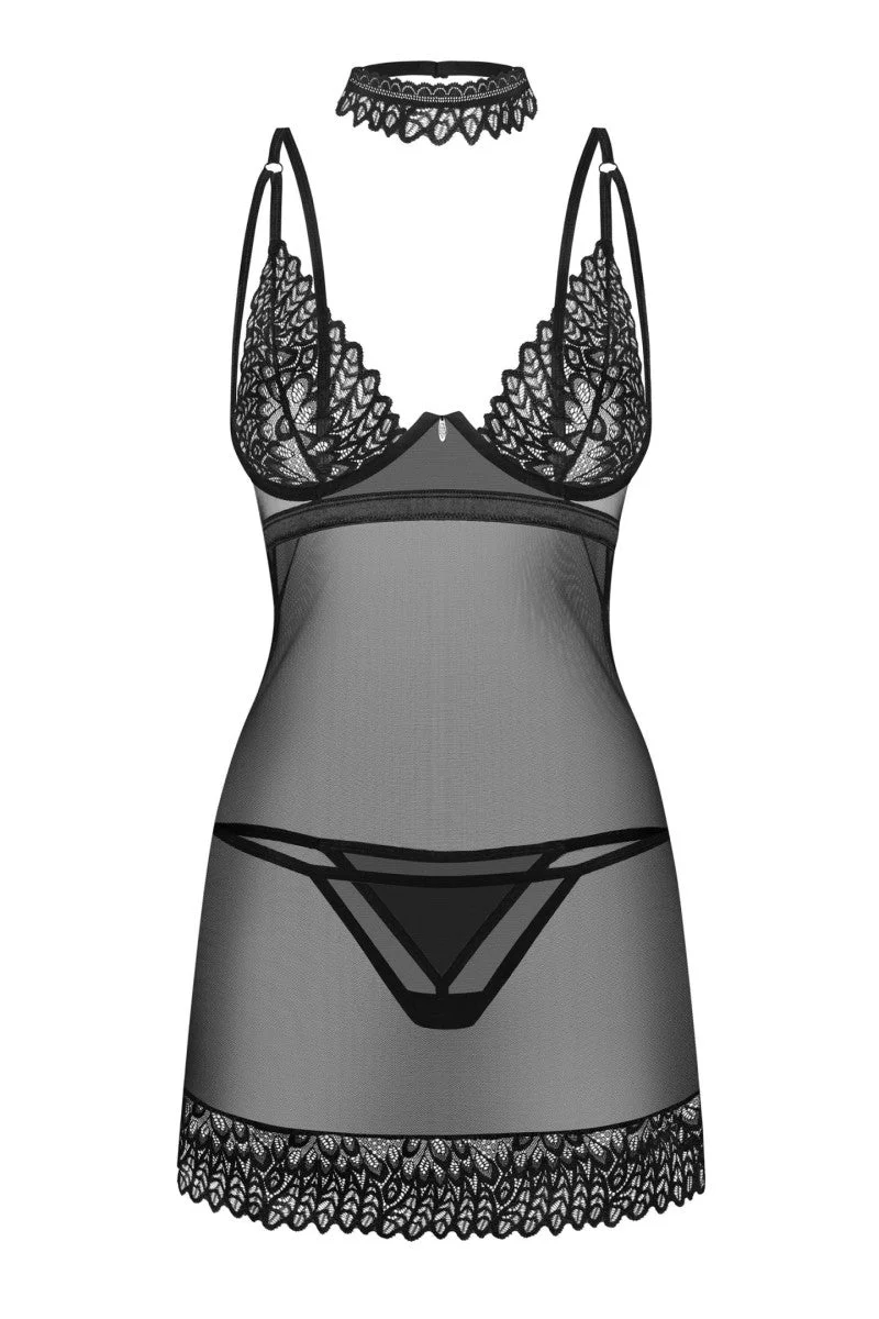 OBSESSIVE Donarella 3-teiliges Set schwarz – Negligé, String & Halsband