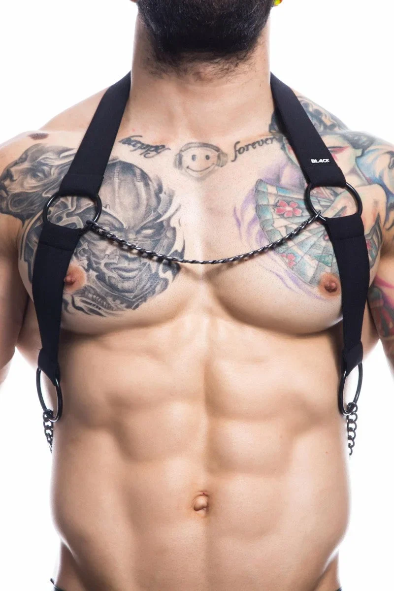 Cut4Men – Schwarzer Brust-Harness 03 mit Metallringen