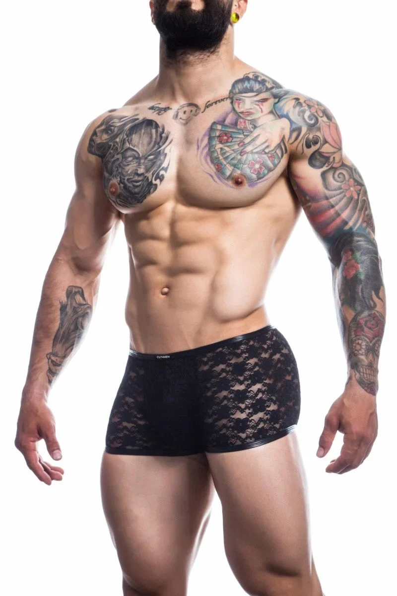Cut4Men – Schwarze Trunk Boxer Shorts aus Spitze (L4CE05)